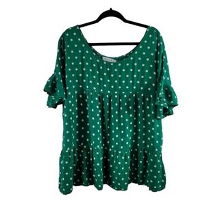 😊Miss Look Green Polka-Dot Ruffled Babydoll Blouse Sz 2X